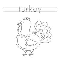 Trace the letters and color turkey. Handwriting practice for kids. vector