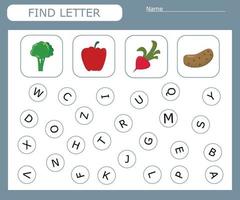 Find the first letter and match with the picture, a game for kids to learn the alphabet. Worksheet for printing. Educational game for children. vector