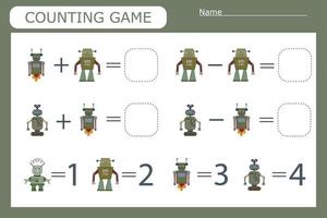 counting game with funny robots . Preschool worksheet, kids activity sheet, printable worksheet vector