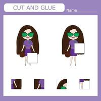 Worksheet vector design, the task is to cut and glue a piece on girls.  Logic game for children.