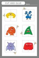 worksheet vector design, the task is to cut and glue a piece on colorful  monsters.  Logic game for children.