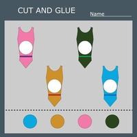 Educational activity, riddle for preschool kids.  Cut ang glue peace of swimsuites vector