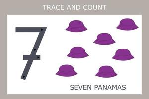 A game of tracing the outlines of the number seven  with panamas. Preschool worksheet, kids activity sheet, printable worksheet vector