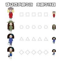 Tracing lines game with beauty dolls. Worksheet for preschool kids, kids activity sheet, printable worksheet vector