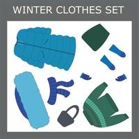 un conjunto de ropa para una niña hermosa para la chaqueta de invierno, sombrero, bufanda, botas, mitones, falda, suéter. ropa para un niño en otoño vector
