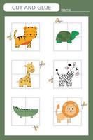 worksheet vector design, the task is to cut and glue a piece on colorful  animals.  Logic game for children.