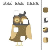 Paper game for the development of preschoolers. Cut out parts of the image and glue on the owl. A fun game for kids vector