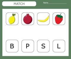 Find the first letter of the fruites and connect. Educational game for children. vector
