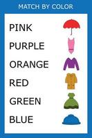 Connect the name of the color and the character of the clothes.  Logic game for children. vector