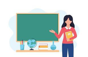 Female teacher in classroom. School and learning concept, teacher's day. Cute vector illustration in flat cartoon style