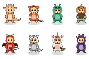 Vector illustration of Halloween monster costume. Set of cartoon isolated vector halloween costume characters. Illustrations with cute kids in Halloween monsters costumes.