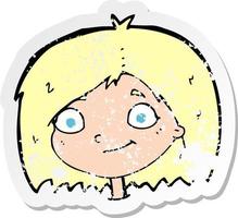 retro distressed sticker of a cartoon happy female face vector