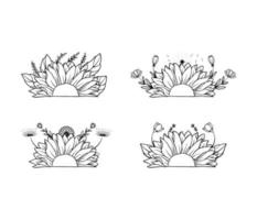 Collection of Decoration Half Sunflower with Floral Illustrations Vector