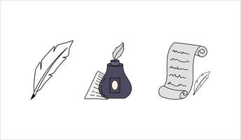 Ink Bottle and Quill Pen with Paper Vector Design