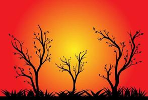 Tree Branch with Grass Silhouette on Sunset Background vector