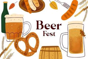 diseño de tarjetas con jarras ilustrativas estilizadas de cerveza, bocadillos de pretzel y salchichas a la parrilla y festival de cerveza de texto sobre fondo blanco vector
