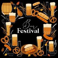 diseño de la tarjeta del festival de la cerveza con jarras ilustrativas estilizadas de cerveza, bocadillos de pretzel y salchichas a la parrilla sobre fondo negro