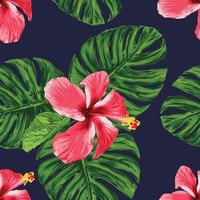 Seamless pattern tropical floral with red Hibiscus flowers and monstera leaf abstract background.Vector illustration hand drawing dry watercolor style.For fabric pattern print design. vector