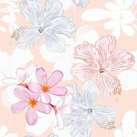 patrón floral sin costuras con hibisco y flores de frangipani fondo abstracto rosa pastel. ilustración vectorial dibujo a mano línea art. para diseño de pinta de tela. vector