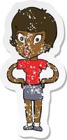 retro distressed sticker of a cartoon woman with hands on hips vector