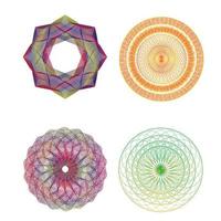 Spirograph graphic flowers, colorful different geometric circular patterns. Isolated vector illustration on white background.