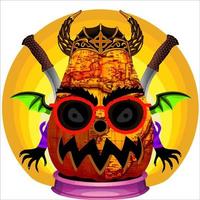 fiesta espeluznante cabeza de calabaza de halloween. cara de calabaza con arma en la espalda. adecuado para el logotipo del deporte electrónico, la camiseta y otras cosas impresas. vector