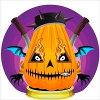 fiesta espeluznante cabeza de calabaza de halloween. cara de calabaza con arma en la espalda. adecuado para el logotipo del deporte electrónico, la camiseta y otras cosas impresas. vector