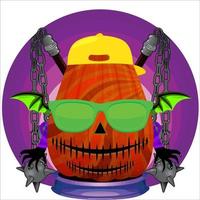 fiesta espeluznante cabeza de calabaza de halloween. cara de calabaza con arma en la espalda. adecuado para el logotipo del deporte electrónico, la camiseta y otras cosas impresas. vector