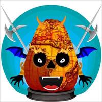 fiesta espeluznante cabeza de calabaza de halloween. cara de calabaza con arma en la espalda. adecuado para el logotipo del deporte electrónico, la camiseta y otras cosas impresas. vector