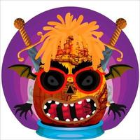 fiesta espeluznante cabeza de calabaza de halloween. cara de calabaza con arma en la espalda. adecuado para el logotipo del deporte electrónico, la camiseta y otras cosas impresas. vector