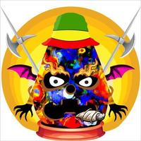 fiesta espeluznante cabeza de calabaza de halloween. cara de calabaza con arma en la espalda. adecuado para el logotipo del deporte electrónico, la camiseta y otras cosas impresas. vector