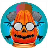 fiesta espeluznante cabeza de calabaza de halloween. cara de calabaza con arma en la espalda. adecuado para el logotipo del deporte electrónico, la camiseta y otras cosas impresas. vector