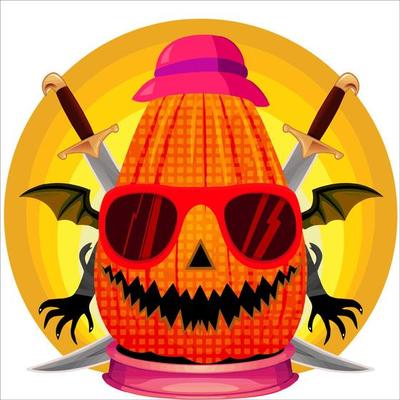 Creepy Party Halloween Pumpkin Head. Pumpkin Face with Weapon in the Behind. Suitable for E Sport Logo, T-Shirt and Others Print Stuff.
