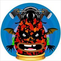 fiesta espeluznante cabeza de calabaza de halloween. cara de calabaza con arma en la espalda. adecuado para el logotipo del deporte electrónico, la camiseta y otras cosas impresas. vector