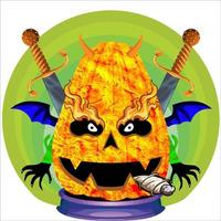 fiesta espeluznante cabeza de calabaza de halloween. cara de calabaza con arma en la espalda. adecuado para el logotipo del deporte electrónico, la camiseta y otras cosas impresas. vector