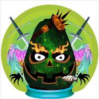 fiesta espeluznante cabeza de calabaza de halloween. cara de calabaza con arma en la espalda. adecuado para el logotipo del deporte electrónico, la camiseta y otras cosas impresas. vector