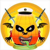 fiesta espeluznante cabeza de calabaza de halloween. cara de calabaza con arma en la espalda. adecuado para el logotipo del deporte electrónico, la camiseta y otras cosas impresas. vector