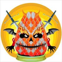 fiesta espeluznante cabeza de calabaza de halloween. cara de calabaza con arma en la espalda. adecuado para el logotipo del deporte electrónico, la camiseta y otras cosas impresas. vector