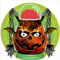 fiesta espeluznante cabeza de calabaza de halloween. cara de calabaza con arma en la espalda. adecuado para el logotipo del deporte electrónico, la camiseta y otras cosas impresas. vector