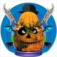 Creepy Party Halloween Pumpkin Head. Pumpkin Face with Weapon in the Behind. Suitable for E Sport Logo, T-Shirt and Others Print Stuff. vector