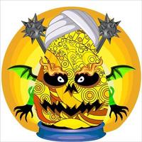 fiesta espeluznante cabeza de calabaza de halloween. cara de calabaza con arma en la espalda. adecuado para el logotipo del deporte electrónico, la camiseta y otras cosas impresas. vector