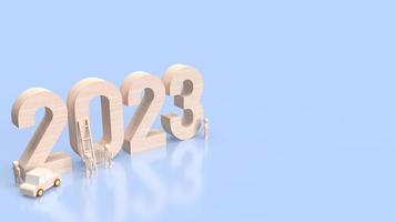 The wood number 2023 in blue background  3d rendering photo