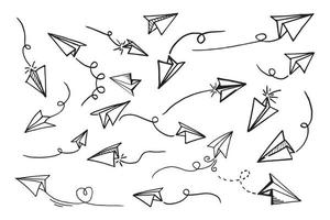 Set of doodle paper plane icon. Hand draw paper airplane. Vector Illustration.