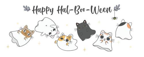 grupo de lindo halloween gatito gato fantasma dibujos animados mascota garabato dibujo a mano vector