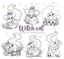 lindo halloween magia bruja gato dibujos animados contorno doodle conjunto vector para colorear libro