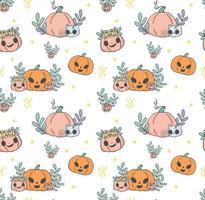 Pattern seamless background Halloween pumpkins kawaii jack o lantern cartoon doodle hand drawn vector