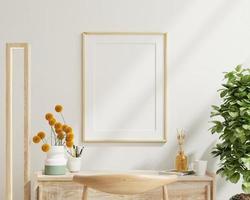 Poster mockup with vertical white frame in working room interior background. photo