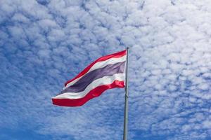 The flag of Thailand fluttering against a cloudy blue sky background. photo