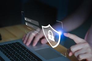 Cyber security concept. protection of privacy personal data. information security and encryption,  secure access to user's personal data,  Hand touch lock. login with username and password. photo