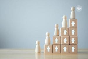 Salary ladder. Human development. Employee with different salary. Income. financial inequality. rich and poor metaphor. difference job salary. Human figure on ladder stack of block and dollar sign. photo